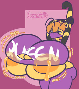 anthro areola areola_slip big_breasts big_butt bodily_fluids breast_expansion breasts butt butt_cleavage clothed clothing expansion female food honey_(food) huge_breasts huge_butt hyper hyper_breasts lactating lactating_honey lactating_through_clothing simple_background solo thick_thighs under_boob unusual_bodily_fluids unusual_lactation wardrobe_malfunction wet wet_clothing wide_hips nokamiwd melly_(flam3s) queen_bee absurd_res hi_res