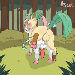 anal anal_penetration animal_genitalia anus backsack balls blep blush body_blush butt butt_blush canine_genitalia digitigrade duo eyelashes femboy femboy/femboy feral forest genitals grass knot knotted_penis male male/male male_penetrated male_penetrating male_penetrating_male outside pawpads paws penetration penile penile_penetration penis penis_in_ass plant raised_tail rear_view seductive sex shrub tail tongue tongue_out top_hole tree onesaucydragon nintendo pokemon eeveelution generation_4_pokemon generation_6_pokemon leafeon pokemon_(species) sylveon 1:1 absurd_res hi_res