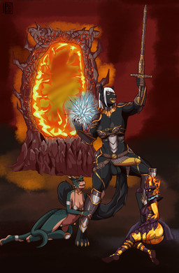 anthro armor balls belt bottomwear breasts butt clothing collar erection female fire fur fur_markings genitals group gynomorph heroic_pose humanoid_genitalia humanoid_penis intersex loincloth lying magic markings melee_weapon muscular muscular_gynomorph muscular_intersex on_side open_mouth outside penis portal raised_arm size_difference standing sword teeth trio unconvincing_armor weapon pululon bethesda_game_studios microsoft oblivion the_elder_scrolls ashra-nour dar-ma argonian felid feline flame_atronach mammal scalie absurd_res hi_res