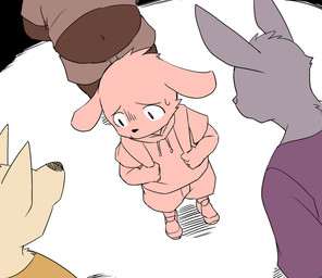age_difference anthro backpack bodily_fluids group imminent_rape imminent_sex kemono male simple_background slightly_chubby solo_focus standing surrounded sweat young young_anthro young_male manmosu_marimo bear canid canine canis domestic_dog lagomorph leporid mammal rabbit digital_media_(artwork)