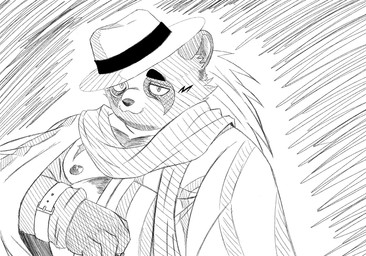 anthro clothing eyebrows eyewear fedora hair hat headgear headwear looking_at_viewer male monocle nipples overweight ponytail scar scarf smile solo thick_eyebrows sea5240 xxl_woofia kagekuni_(xxl_woofia) canid canine mammal raccoon_dog tanuki hi_res monochrome sketch