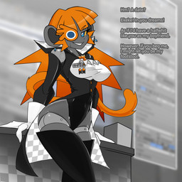 anthro big_breasts big_butt blue_eyes breasts butt clothing dialogue eye_patch eyewear female grey_body hair looking_at_viewer machine one_eye_obstructed orange_hair smile solo tail text thick_thighs wide_hips yellow_sclera square_of_light blender_(copyright) haplorhine mammal monkey primate robot 1:1 blender_(artwork) digital_media_(artwork) english_text hi_res