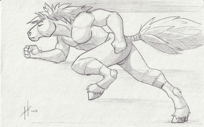 anthro bottomwear clothed clothing hair hooves male male_anthro messy_hair mouth_closed muscular muscular_anthro muscular_male narrowed_eyes pants pecs running side_view solo topless hufnaar equid equine horse mammal 2017 dated hi_res monochrome sketch