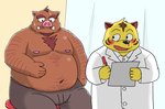 anthro belly blood blush bodily_fluids bottomwear clothing duo humanoid_hands kemono male moobs nipples nosebleed overweight overweight_male pants shirt sitting sweat topwear yellow_body bullbluedog felid mammal pantherine suid suina sus_(pig) tiger wild_boar 2020 hi_res