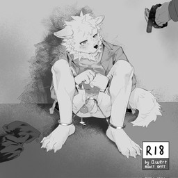 accessory anthro balls bent_legs blush bodily_fluids bottomless clothed clothing cock_ring collar cuff_(restraint) cum cum_drip disembodied_hand dripping duo erection foreskin front_view genital_fluids genitals handcuffs head_turned holding_collar holding_object humanoid_genitalia humanoid_penis jewelry male male/male metal_cuffs mouth_closed penis penis_accessory penis_jewelry restraints retracted_foreskin sad shackles shirt sitting tears topwear qianweiertang canid canine canis domestic_dog mammal 1:1 hi_res monochrome