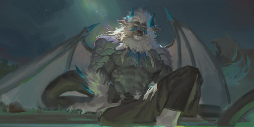 abs anthro beard black_bottomwear black_clothing black_pants blue_eyes bottomwear clothed clothing facial_hair front_view grass grey_body grey_wings hair heterochromia looking_at_viewer male male_anthro membrane_(anatomy) membranous_wings muscular muscular_anthro muscular_male navel night outside pants pecs plant sitting sky solo topless white_beard white_facial_hair white_hair wings yellow_eyes awaldkize mythology dragon felid hybrid mammal mythological_creature mythological_scalie scalie absurd_res hi_res