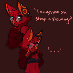 anthro black_clothing black_eyes bra breasts brown_body brown_fur claws clothed clothing clothing_lift drop_shadow eyewear fangs female finger_claws fur glasses hair markings multiple_piercings neck_tuft neutral_expression orange_body orange_fur orange_sclera orange_skin piercing presenting red_background red_body red_clothing red_fur revealing_breasts shirt shirt_lift short_hair simple_background skimpy small_breasts solo spots spotted_markings sweater teeth text topwear tuft underwear wearing_glasses theemotionalgnome bra_strap_showing_(meme) stephen_king_(copyright) the_shining lazarus_overlook bat leaf-nosed_bat mammal microbat wingless_bat yangochiropteran 1:1 hi_res meme sequence trans_(lore)