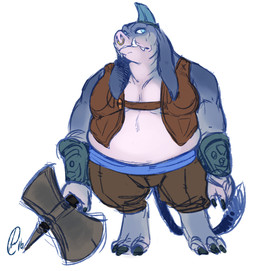 anthro axe belly facial_piercing horn leather long_ears male melee_weapon nose_piercing nose_ring overweight piercing ring_piercing slightly_chubby solo tusks weapon gravewalker final_fantasy square_enix domestic_pig mammal seeq suid suine sus_(pig) 2016 hi_res