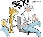 anthro assertive_female big_breasts bottomwear breasts cleavage clothed clothing denim denim_bottomwear denim_clothing duo female female_anthro jeans male male/female male_human pants requesting sex_request shirt tank_top text topwear yelling realius canid canine canis domestic_dog human mammal shiba_inu spitz