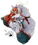 anthro biceps clothing facial_hair fur grey_body grey_fur male multicolored_body muscular muscular_male nipples pecs simple_background solo p2yong sdorica law_(sdorica) canid canine canis mammal wolf hi_res