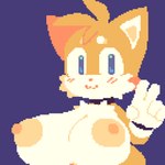 anthro areola big_breasts blue_eyes blush breasts clothing crossgender female gesture gloves hand_gesture handwear huge_breasts looking_at_viewer mtf_crossgender nipples smile smiling_at_viewer solo v_sign nucr4r sega sonic_the_hedgehog_(series) miles_prower canid canine fox mammal 1:1 hi_res