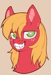 2024 bust_portrait cold-blooded-twilight earth_pony equid equine fangs freckles fur green_eyes grin hair hasbro heart_pupils horse long_hair looking_at_viewer male mammal my_little_pony orange_hair pony portrait red_body red_fur simple_background smile solo teeth