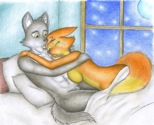 anthro black_nose bodily_fluids breasts brown_body brown_fur butt canon_couple comforting comforting_another crying duo eyes_closed female fur hug interspecies male male/female night nude nude_anthro nude_female nude_male orange_body orange_fur sad scared tears sinaherib dreamworks the_bad_guys diane_foxington mr._wolf_(the_bad_guys) canid canine canis fox mammal wolf colored_pencil_(artwork) hi_res traditional_media_(artwork)