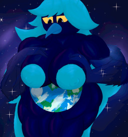 anthro areola athletic athletic_anthro athletic_female beak big_breasts black_body black_fur blue_areola blue_beak blue_hair breast_squeeze breasts butt dark_body dark_feathers detailed_background feathers female fur hair huge_breasts hyper hyper_breasts long_hair macro muscular muscular_anthro muscular_female nipples nude nude_anthro nude_female planet planet_dwarfing smile solo space squeezing star thick_nipples thick_thighs wide_hips winged_arms wings yellow_eyes car_man undertale undertale_(series) undertale_yellow martlet_(undertale_yellow) avian bird absurd_res hi_res