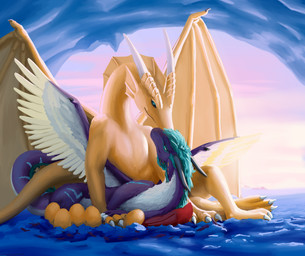 blue_eyes cave countershading curled_tail duo egg feathered_wings feathers female feral fur hand_on_hand happy male male/female membrane_(anatomy) membranous_wings nest purple_body purple_fur quadruped size_difference spread_wings sun tail white_body white_fur wings yellow_body lemurlemurovich european_mythology mythology embyr tsargoth dragon furred_dragon furred_scalie mythological_creature mythological_scalie scalie western_dragon hi_res