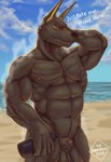 animal_genitalia animal_penis anthro balls beach biceps black_body bodily_fluids canine_genitalia canine_penis genital_fluids genitals knot knotted_penis looking_at_viewer male muscular muscular_male musk musky_balls musky_penis nipples nude pecs penis seaside sheath simple_background smile solo steam sweat sweaty_balls sweaty_genitalia sweaty_legs text chamuskinha mythology anubian_jackal canid canine canis humanoid jackal mammal 2025 english_text