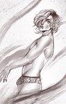 bulge clothed clothing ear_piercing eyelashes humanoid_pointy_ears looking_at_viewer male narrowed_eyes panties piercing pointy_ears side_view simple_background solo topless underwear smogville elf humanoid hi_res monochrome