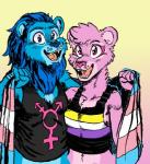 anthro binder_(clothing) black_line_art black_shading blue_body blue_eyes blue_fur blue_mane breasts cheek_tuft chest_tuft clothing countershading crossgender duo eyebrows eyelashes facial_markings facial_tuft female flag flag_(object) flat_chested fluffy fur gender_symbol gender_symbol_print gradient_background head_markings head_tuft humanoid_hands lgbt_pride male mane markings multicolored_clothing multicolored_shirt multicolored_tank_top multicolored_topwear neck_tuft nonbinary_pride_colors open_mouth open_smile pattern_clothing pink_body pink_eyelashes pink_eyes pink_fur pride_color_clothing pride_color_flag pride_color_shirt pride_color_tank_top pride_color_topwear pride_colors print_clothing print_shirt print_tank_top print_topwear shaded_face shirt simple_background smile striped_clothing stripes symbol tank_top topwear transgender_pride_colors transgender_symbol tuft wearing_flag grungebunny third-party_edit sex_education_lion_(character) sex_education_lioness_(character) felid lion mammal pantherine colored detailed digital_drawing_(artwork) digital_media_(artwork) half-length_portrait line_art portrait shaded simple_shading nonbinary_(lore)