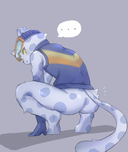 anthro barefoot blue_clothing blue_gloves blue_handwear bottomless bottomless_male butt clothed clothing crouching ellipsis feet fingers gloves green_eyes grey_background handwear looking_at_viewer looking_back looking_back_at_viewer male serious simple_background soles solo speech_bubble tail tiptoes young young_anthro young_male sv23d bemani konami pop'n_music pop'n_music_sunny_park ollie_(pop'n_music) felid mammal pantherine snow_leopard 2025 absurd_res hi_res