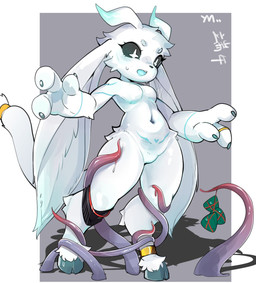 2_horns 3_fingers accessory anklet anthro black_sclera blue_horn blue_markings blush breasts claws cloven_hooves featureless_breasts featureless_crotch female female_anthro fingers floppy_ears fur furgonomics hooves horn jewelry long_ears markings navel open_mouth ring ring_(jewelry) simple_background solo standing tail tail_accessory tail_jewelry tail_ring tentacles unguligrade white_body white_eyes white_fur white_tail womb_tattoo yuanmin microsoft ori_(series) xbox_game_studios guardian_spirit 2025 hi_res