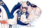 anthro bed blush duo female fluffy fluffy_tail fur furniture hair long_hair male male/female nipples nude smile solo_focus spread_legs spreading tail vaginal white_body white_fur yuwi-cyu canid canine mammal