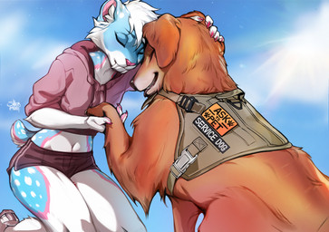ambiguous_gender anthro biped bottomwear breasts claws clothed clothed_anthro clothed_female clothing countershade_torso countershading duo feet female feral fingers front_view fully_clothed fully_clothed_anthro fully_clothed_female fur hair kneeling navel rear_view sitting smile spots tail teeth toes tongue topwear shermugi canid canine canis domestic_dog felid feline mammal 2026 digital_drawing_(artwork) digital_media_(artwork) hi_res