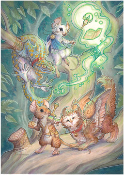 accessory anthro ball beak bell bell_collar belt belt_pouch book brooch brown_body brown_feathers brown_fur collar dagger feathered_wings feathers feral fur furgonomics green_body green_glow green_skin grey_eyes group leaf magic melee_weapon plant potion sash scar staff sword tail tail_accessory tailband tree weapon white_body white_feathers white_fur white_skin wings yellow_body yellow_eyes yellow_skin drachenmagier mythology avian gecko gryphon lizard mammal mouse murid murine mythological_avian mythological_creature reptile rodent scalie 2016 traditional_media_(artwork)