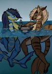 aircraft_carrier anthro breasts chatting duo female female/female macro military_vehicle non-mammal_breasts partially_submerged sea ship stripes swimming tail underwater vehicle warship water watercraft waterline_view dragonfelixx mythology aquatic_dragon dragon fish marine mythological_creature mythological_scalie scalie shark hi_res