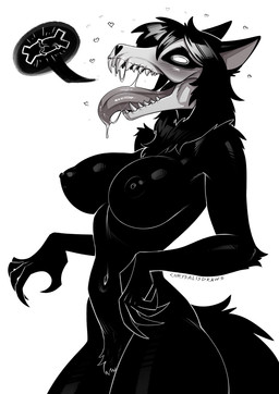 anthro areola arm_tuft big_breasts black_body black_fur bone breasts crotch_tuft female fur heart_symbol nipples nude open_mouth shoulder_tuft skull skull_head solo tongue tuft chrysalisdraws scp_foundation scp-1471-a canid malo mammal hi_res pictographics