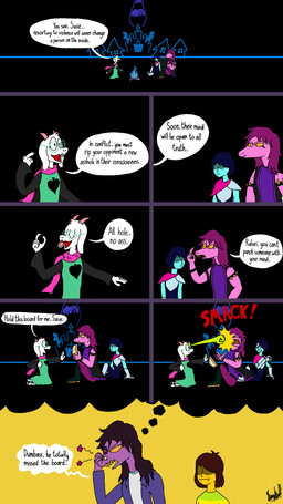 2_horns ambiguous_gender anthro bandaged_face biped blue_body blue_hair blue_skin brown_hair bruised bruised_eye clothed clothed_anthro clothed_human clothing dialogue eyewear face_punch fur glasses group hair horn humor kneeling onomatopoeia pink_body pink_hair pink_scales profanity purple_body purple_scales scales sitting sound_effects speech_bubble text trio wearing_glasses white_body white_fur yellow_body yellow_sclera yellow_skin kama_and_hallie adult_swim cartoon_network deltarune undertale_(series) xavier_renegade_angel kris_dreemurr ralsei susie_(deltarune) bovid caprine darkner goat human mammal reptile scalie 2024 9:16 absurd_res comic digital_drawing_(artwork) digital_media_(artwork) english_description english_text hi_res signature female_(lore) male_(lore)
