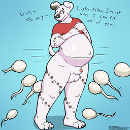 animal_genitalia balls belly big_belly bottomless clothed clothing feet genitals giant_sperm male navel outie_navel paws penis penis_tip pregnant pregnant_male sheath shirt toes topwear water pascal_(artist) pascal_(cudacore) canid canine canis dalmatian domestic_dog mammal 1:1 hi_res