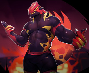 5_fingers abs anthro barazoku biceps black_spikes bottomwear clothed clothing fingers fire head_spikes male muscular muscular_anthro muscular_arms muscular_male navel neck_spikes pecs red_eyes solo spikes spikes_(anatomy) tail topless megadolix nintendo pokemon generation_6_pokemon legendary_pokemon pokemon_(species) primal_groudon primal_reversion absurd_res digital_drawing_(artwork) digital_media_(artwork) hi_res