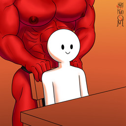 abs biceps big_muscles big_pecs clothed clothing duo male male/male muscular muscular_male nipples not_furry partially_clothed pecs red_body red_skin size_difference kyokudoni asian_mythology east_asian_mythology japanese_mythology mythology bokken_(kyokudoni) demon humanoid oni yokai 1:1 hi_res