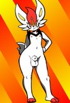 animal_genitalia anthro balls front_view fully_sheathed genitals long_ears male nipples red_eyes sheath simple_background slim smile solo standing wide_hips pirpole_haze nintendo pokemon cinderace generation_8_pokemon lagomorph mammal pokemon_(species) hi_res