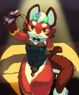 alcohol anthro beverage bow_tie bulge clothing container countershading cup drinking_glass femboy fur glass glass_container glass_cup green_body green_fur holding_container holding_cup holding_drinking_glass holding_object holding_wine_glass horn kemono leotard looking_at_viewer male orange_eyes pouring_wine saosake seductive sitting solo wine wine_glass young young_anthro young_male hauhau_mg mammal 2026 absurd_res hi_res