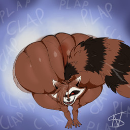 4_fingers all_fours anthro ass_clapping big_butt black_claws black_nose black_stripes brown_body brown_fur brown_hair butt butt_ripples clap_(sound_effect) claws fingers fur hair high-angle_view huge_butt hyper hyper_butt looking_up male markings mohawk motion_blur nude nude_anthro nude_male open_mouth red_eyes sharp_teeth solo sound_effects striped_markings striped_tail stripes tail tail_markings teeth text thick_thighs twerking nightsome guardians_of_the_galaxy marvel marvel_rivals rocket_raccoon mammal procyonid raccoon 1:1 2025 alternate_version_at_source digital_drawing_(artwork) digital_media_(artwork) english_description hi_res