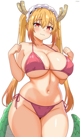 big_breasts bikini blonde_hair blush breasts clothed clothing female glistening glistening_breasts glistening_thighs gradient_hair green_tail hair horn legs_together light_body light_skin looking_at_viewer maid_headdress navel nervous nipple_outline pink_bikini pink_clothing pink_swimwear pupils red_eyes scales scaly_tail skimpy slit_pupils small_bikini small_waist solo swimwear tail thick_thighs tight_bikini twintails_(hairstyle) two-piece_swimsuit wide_hips eclypsea miss_kobayashi's_dragon_maid mythology tohru_(dragon_maid) animal_humanoid dragon dragon_humanoid horned_humanoid humanoid mythological_creature mythological_scalie scalie tailed_humanoid 2026 absurd_res hi_res portrait three-quarter_portrait