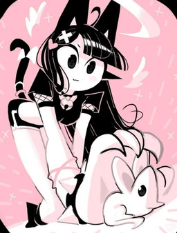anthro aureola black_body black_fur catching collar feathered_wings feathers female feral fur male predator/prey simple_background smug_face wings andaerz animal_humanoid cat_humanoid felid felid_humanoid feline feline_humanoid humanoid mammal mammal_humanoid mouse murid murine rodent cropped