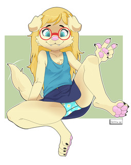 anthro biped black_bottomwear black_clothing black_skirt blonde_hair bottomwear cheek_tuft claws clothed clothing digitigrade eyebrows eyewear facial_tuft fangs female floppy_ears folded_ears front_view fur glasses grey_clothing grey_shirt grey_topwear hair loli long_hair looking_at_viewer nipple_outline panties pawpads pink_nose round_glasses shirt simple_background skirt solo tank_top teeth toe_claws topwear tuft underwear upskirt wearing_glasses yellow_body yellow_fur young young_anthro young_female nanuna phoebe_(youaskedferrit) bird_dog canid canine canis domestic_dog golden_retriever hunting_dog mammal retriever 2026 hi_res