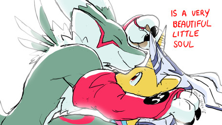 1_horn anthro claws countershade_torso countershading duo green_body horn kiss_on_forehead kissing male text yellow_body dahecksajerry bandai_namco digimon renaman_(dahecksajerry) canid digimon_(species) gabumon mammal renamon 16:9 english_text widescreen