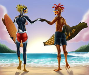 anthro beach beak bottomwear clothed clothing duo feathers feet fingers fist_bump gesture holding_object holding_surfboard looking_at_another male open_beak open_mouth outside sand seaside shorts sky smile standing surfboard swimming_trunks swimwear tail tail_feathers toes topless topless_anthro topless_male water dal101strefan surf's_up chicken_joe cody_maverick avian bird chicken crested_penguin galliform penguin phasianid digital_media_(artwork) hi_res