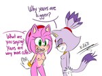 anthro areola blush breast_envy breast_size_difference breasts clothing dialogue duo female female/female fur genitals gloves green_eyes hair handwear nipples nude open_mouth pink_body purple_body purple_fur pussy simple_background slim_female small_breasts standing tail teeth text thin_thighs ninotrash sega sonic_the_hedgehog_(series) amy_rose blaze_the_cat domestic_cat eulipotyphlan felid feline felis hedgehog mammal digital_media_(artwork) english_text hi_res