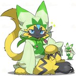 ambiguous_gender anthro black_markings blue_eyes blush claws clothing costume dipstick_ears duo ear_markings empty_eyes exclamation_point fur fursuit gloves_(marking) green_body green_clothing green_fur hoodie leg_markings markings multicolored_ears narrowed_eyes open_mouth simple_background sitting socks_(marking) sparkles tail topwear white_background white_claws yellow_body yellow_fur yellow_tail tontaro nintendo pokemon felid feline floragato generation_7_pokemon generation_9_pokemon legendary_pokemon mammal pokemon_(species) zeraora 1:1 signature watermark