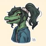 clothed clothing female green_body green_hair green_skin hair looking_at_viewer open_mouth ponytail simple_background smile solo jalle abigail_(elle2) alligator alligatorid crocodile crocodilian reptile scalie 1:1 2018 signature watermark