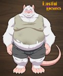 anthro belly blush bottomwear clothed clothing eyebrows grey_eyebrows male overweight overweight_anthro overweight_male pants shirt solo tail teeth topwear white_body zoroj lustful_desires scrap_(lustful_desires) mammal murid murine rat ratkin_(lustful_desires) rodent