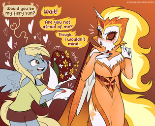 amber_eyes anthro band-aid bandage blonde_hair blush bottomwear bouquet clothing derp_eyes dialogue dress duo elbow_sleeves female fire flaming_hair flaming_mane flaming_tail flower flower_bouquet grey_body hair heart_symbol horn letter love_letter orange_sclera plant pseudo_hair pseudo_mane shorts tail text white_body wings xconitox friendship_is_magic hasbro my_little_pony mythology daybreaker_(mlp) derpy_hooves_(mlp) equid equine mammal mythological_creature mythological_equine pegasus winged_unicorn english_text hi_res