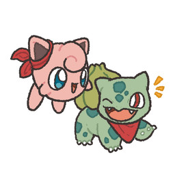 ambiguous_gender back_bulb bar_emanata blue_eyes claws duo emanata fangs feral green_body green_skin kerchief kerchief_on_ear kerchief_only markings open_mouth open_smile pink_body red_eyes red_kerchief round_body simple_background smile spots spotted_body spotted_skin teeth white_background white_claws yellow_bar_emanata yellow_emanata lozyrosie nintendo pokemon pokemon_mystery_dungeon spike_chunsoft bulbasaur generation_1_pokemon jigglypuff pokemon_(species) 1:1 2026 hi_res