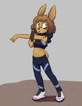 anthro big_ears bra clothing crop_top cropped_hoodie eyewear female glasses green_eyes jogging_outfit jogging_pants midriff navel shirt simple_background solo sports_bra stretching topwear underwear young young_female robin_dassen twin_dragons_(webcomic) amy_(twin_dragons) lagomorph leporid mammal rabbit absurd_res hi_res