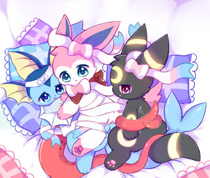 bed female feral furniture genitals group male male/female pillow simple_background trio vulva meioxl1223 nintendo pokemon eeveelution generation_1_pokemon generation_2_pokemon generation_6_pokemon pokemon_(species) sylveon umbreon vaporeon