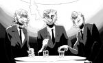 anthro clothed clothing container cosplay cup drinking_glass fully_clothed glass glass_container glass_cup group male sitting smoking suit tongue tongue_out chokiedokie beastars caravan_palace lone_digger agata_(beastars) free_(beastars) ibuki_(beastars) felid lion mammal pantherine crossover greyscale monochrome